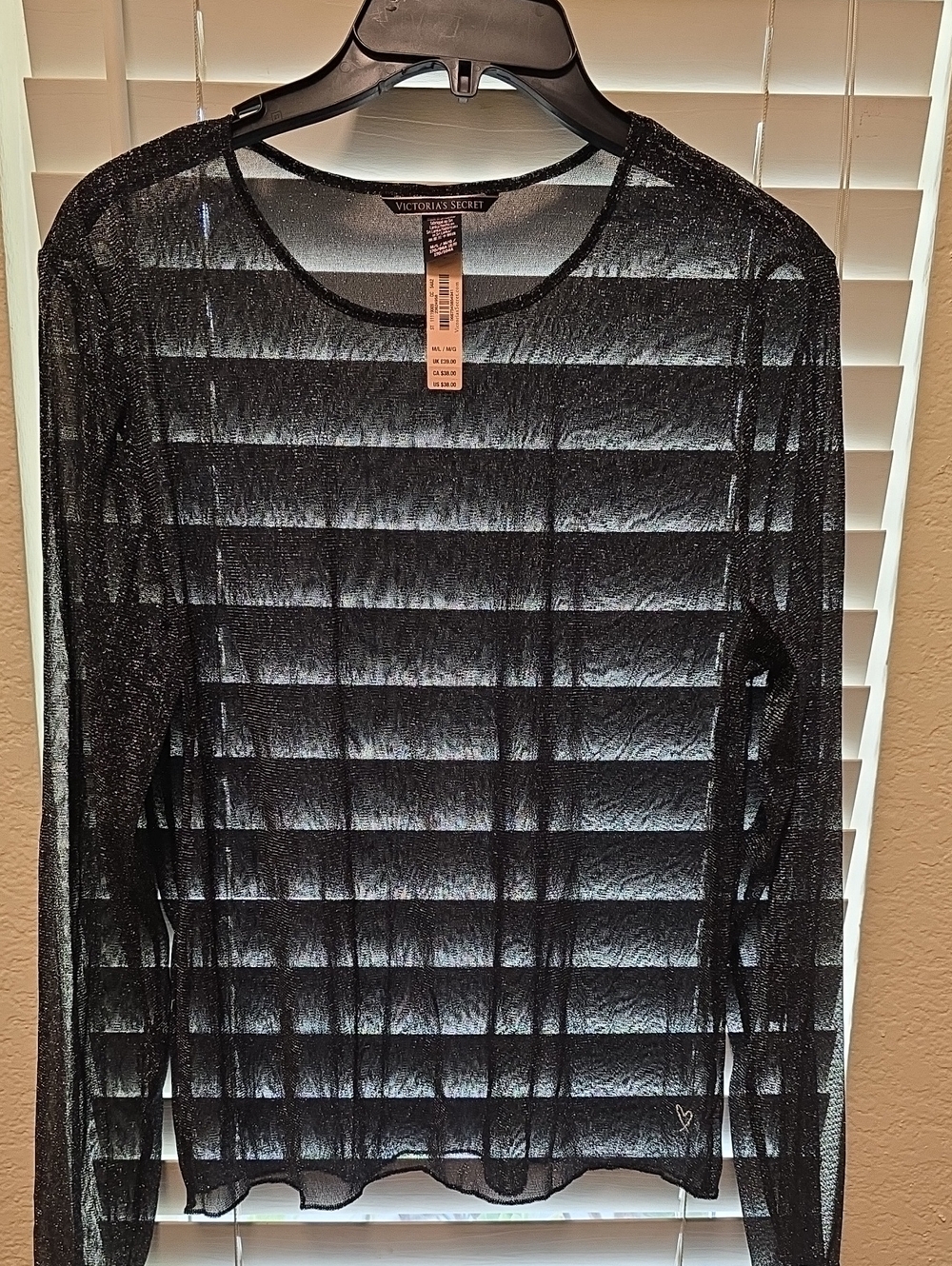 Victoria's Secret Black Sheer Long-Sleeve Mesh Top with Subtle Shimmer